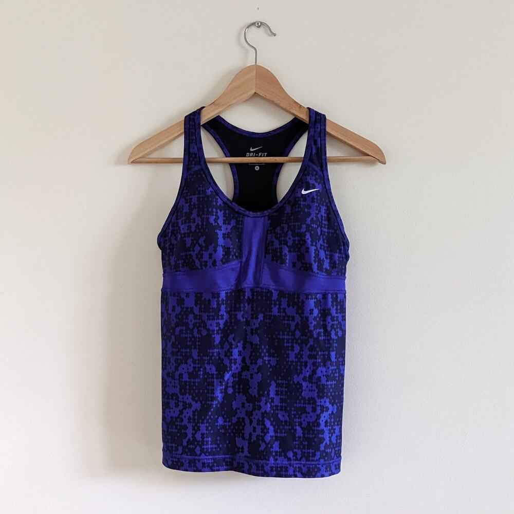 Nike Sz Small Blue Pixel Dri-Fit Racerback Tank Top Shelf Bra Light Padding Mesh
